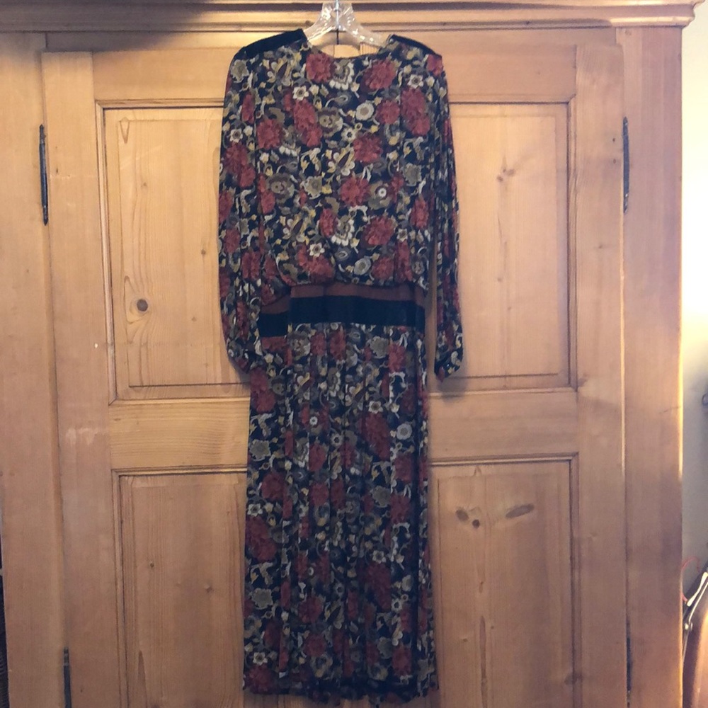Vintage 1980’s Patty O’Neil Long Sleeve Floral Midi Dress Suede Trim Secretary